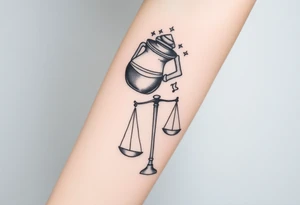 I want a tattoo that combines the Aquarius water bearer and the Libra scales. The water should flow elegantly from the jug, merging into or balancing the scales below. tattoo idea