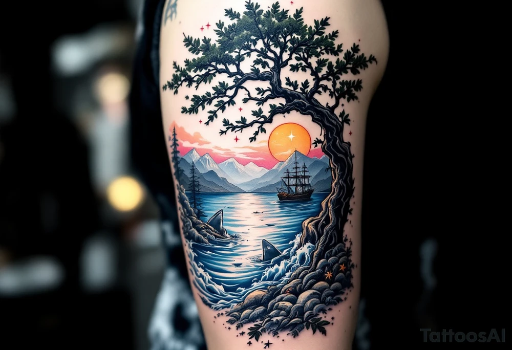 tattoo that has an acacia tree with mountains, ocean with a ship wreck with sharks and the northern star tattoo idea