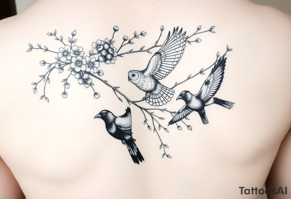 a fineline rowan tree branch with berries and florals. The florals should be large and the branches should have berries. add an owl in flight, plus two other large birds (magpies) that are entwined in the branches tattoo idea