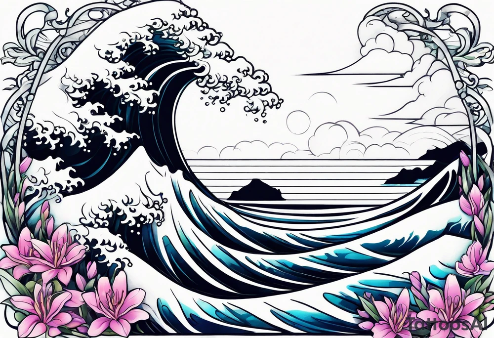 ocean wave surrounded by lupin and fireweed vines tattoo idea