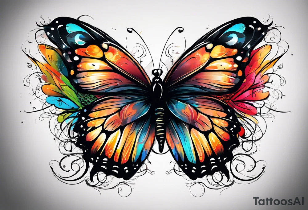 butterfly with one wing black scribbles, the other wing beautiful and colorful, the body has the date 1.9.2023 and the words written "I chose to live." tattoo idea