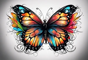 butterfly with one wing black scribbles, the other wing beautiful and colorful, the body has the date 1.9.2023 and the words written "I chose to live." tattoo idea