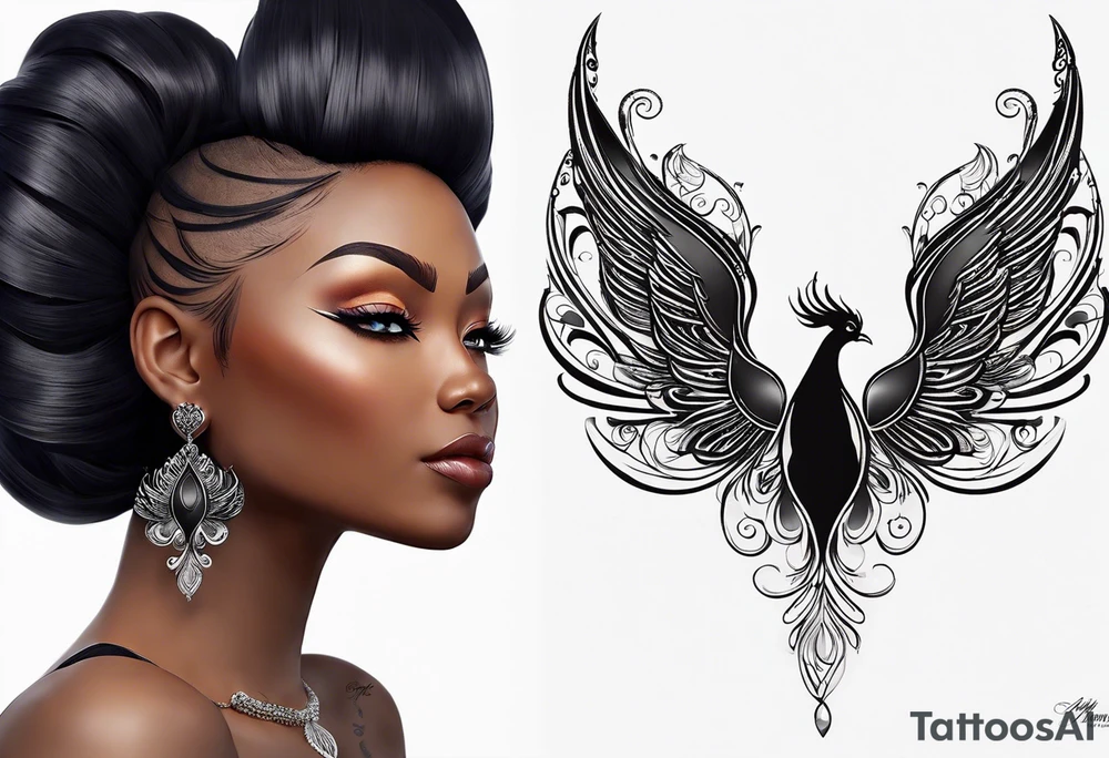 “I’m looking for a side boob tattoo of a phoenix that symbolizes rebirth and survival, with the outline resembling a Black woman with 4C hair. The phoenix should emerge from abstract petals at the base to represent growth, and I want it to feel symbolic but not overly abstract or realistic.

The Black woman’s form should flow into the phoenix, with her 4C hair being a key feature, blending into the flames or feathers. The design should be done in black ink to complement my skin tone, and I want it to represent strength and transformation, without resembling angels or fallen angels.”

This gives the artist a clear picture of your vision while allowing for their artistic input. tattoo idea