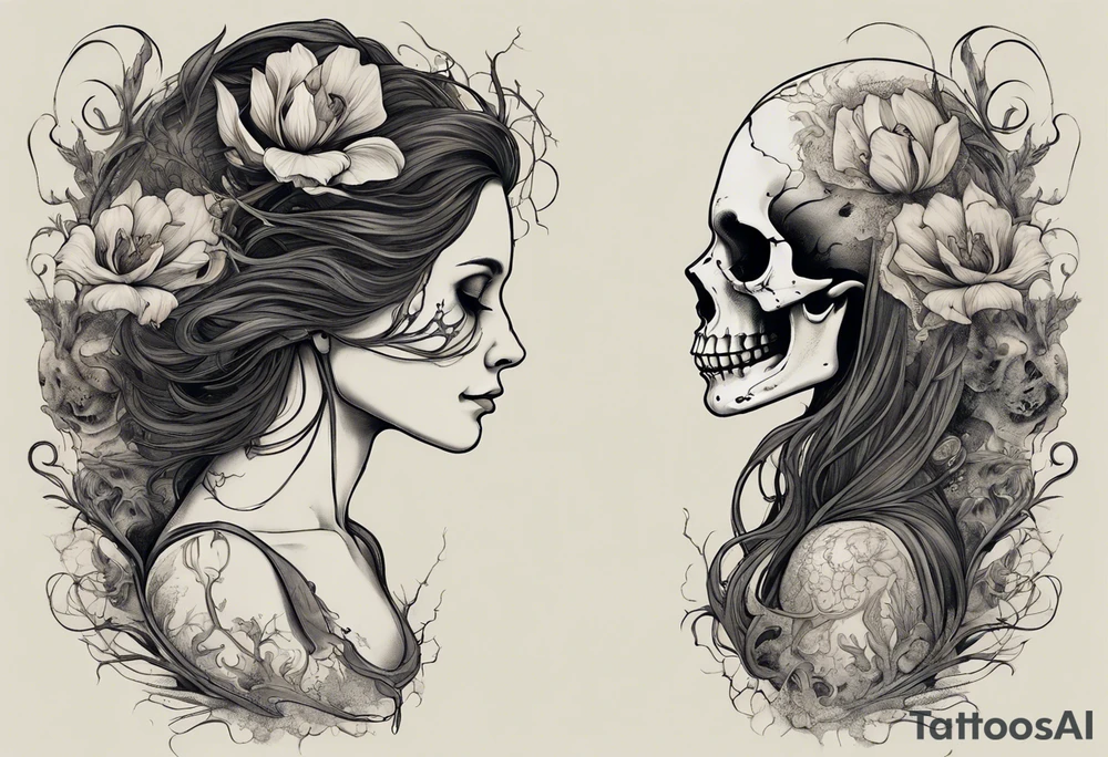 A profile view of a joyful female skull adorned with flowing, long hair, surrounded by symbolism representing the cycle of life and decay. Include a contrast between a fully decayed tulip, a pristine and vibrant tulip in full bloom, and a delicate tulip bud, all harmonizing with the eerie yet beautiful ambiance of the scene. tattoo idea