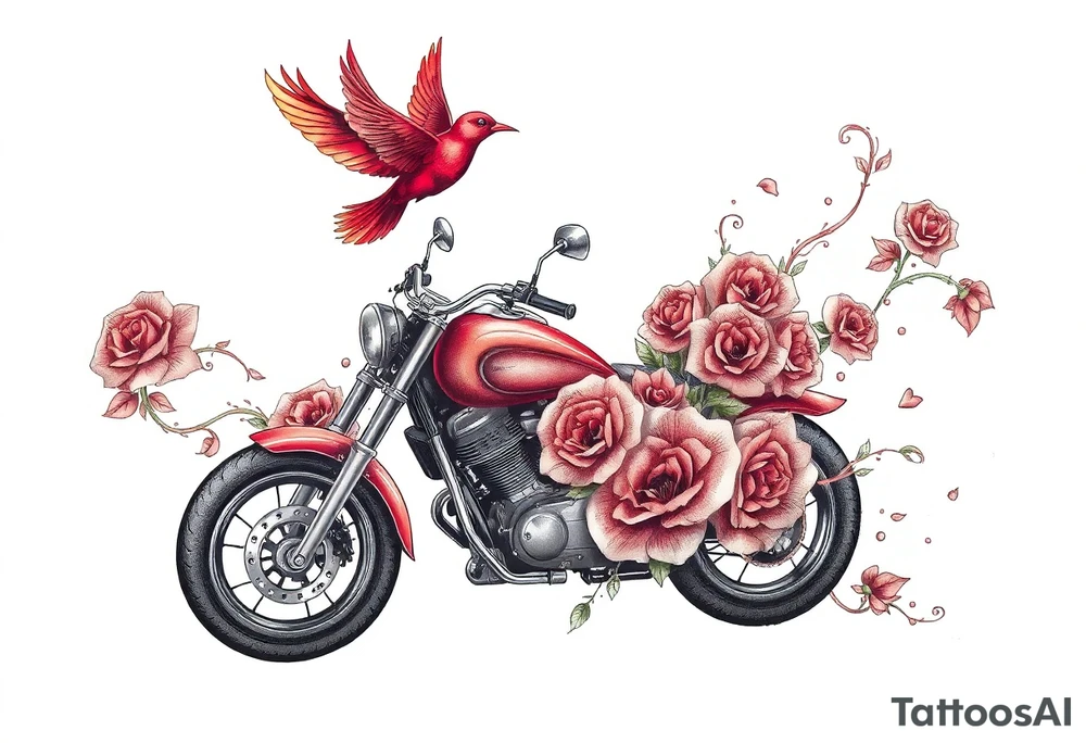 Motorcycle, red bird flying, roses and lace, flames tattoo idea