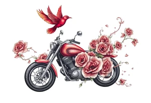 Motorcycle, red bird flying, roses and lace, flames tattoo idea