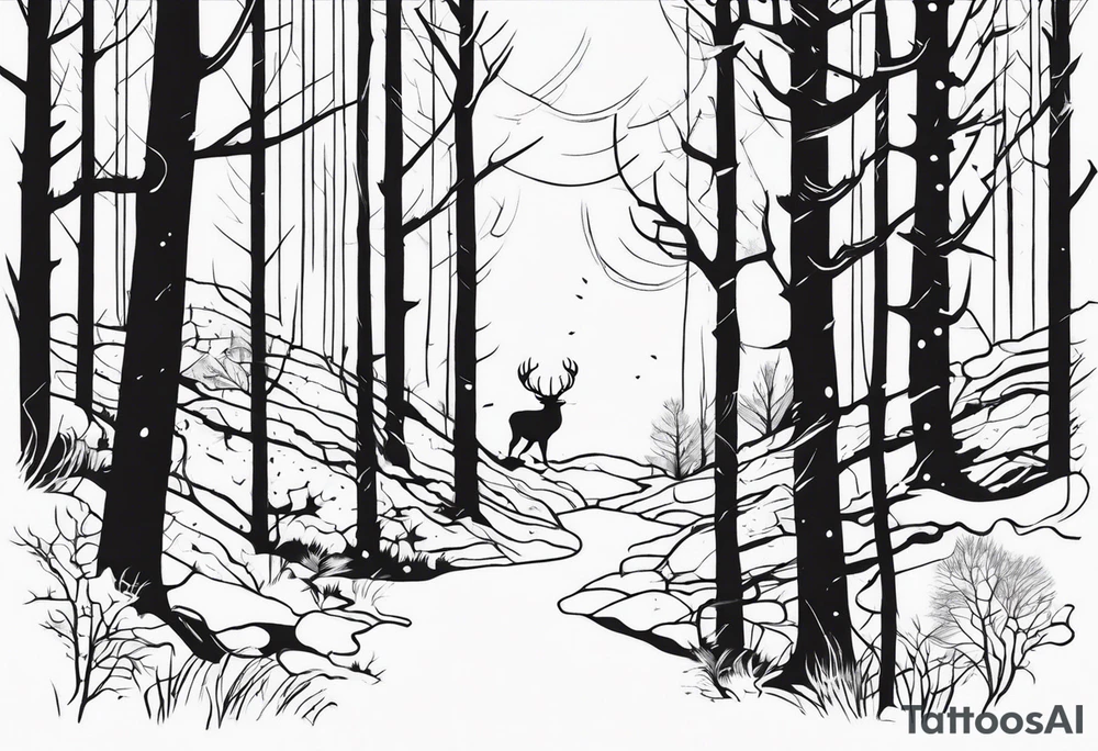 forrest scene with turkey tracks and deer antlers along the trees tattoo idea