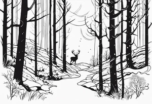 forrest scene with turkey tracks and deer antlers along the trees tattoo idea