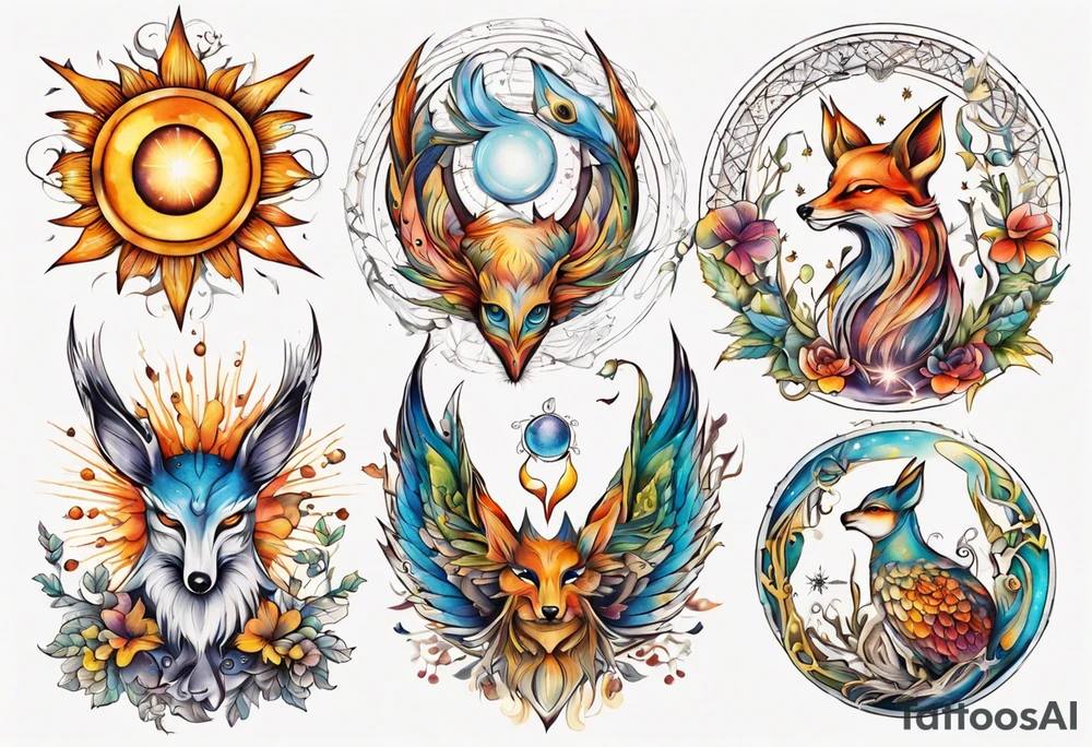 fisch, fuchs und eule , symetrie  sonne, universum, bunt, " sapere aude" tattoo idea