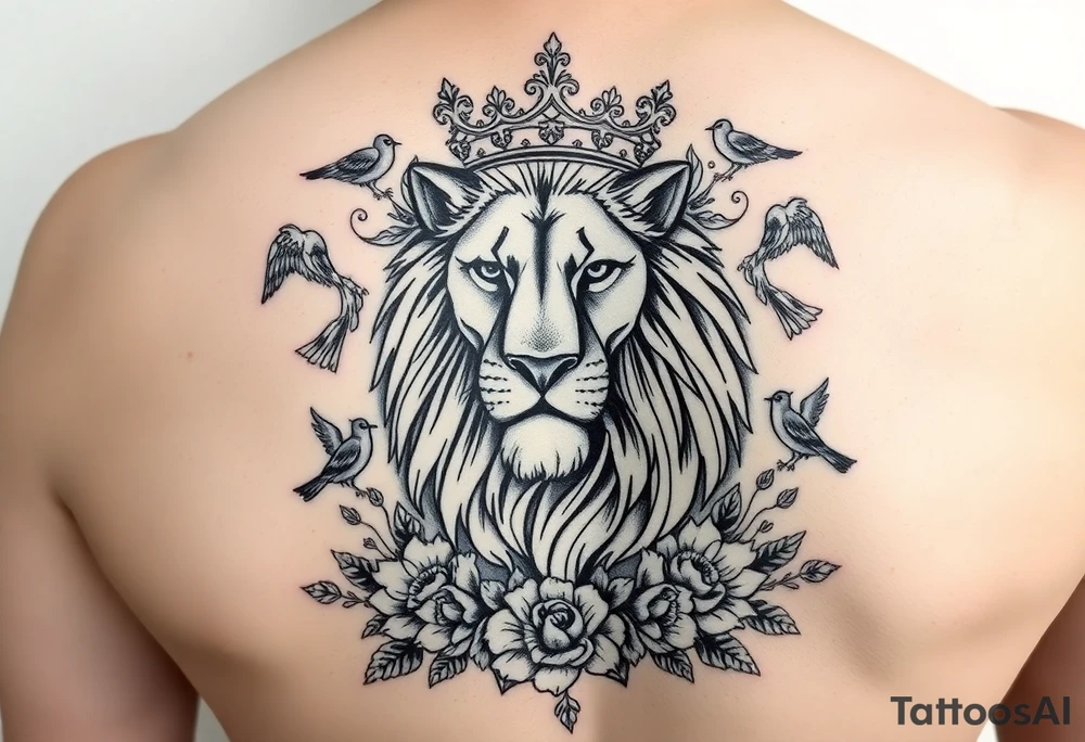 powerful majestic lion with a crown, surrounded by floral ornaments and birds tattoo idea