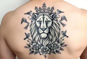powerful majestic lion with a crown, surrounded by floral ornaments and birds tattoo idea