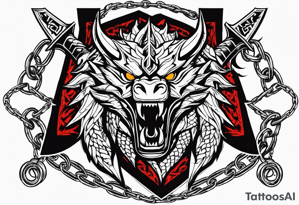 Valhalla sword shield dragon axe Valknut barbed wire chains fire tattoo idea Valhalla sword shield dragon axe Valknut barbed wire chains fire tattoo idea