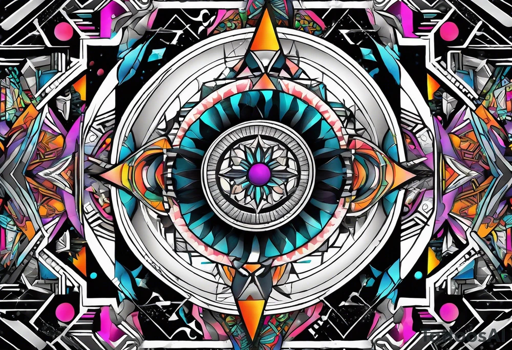 A tattoo design featuring geometric patterns and symbols inspired by psytrance and techno music, creating a unique and futuristic look. tattoo idea
