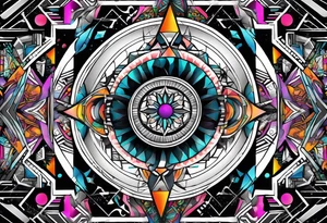 A tattoo design featuring geometric patterns and symbols inspired by psytrance and techno music, creating a unique and futuristic look. tattoo idea