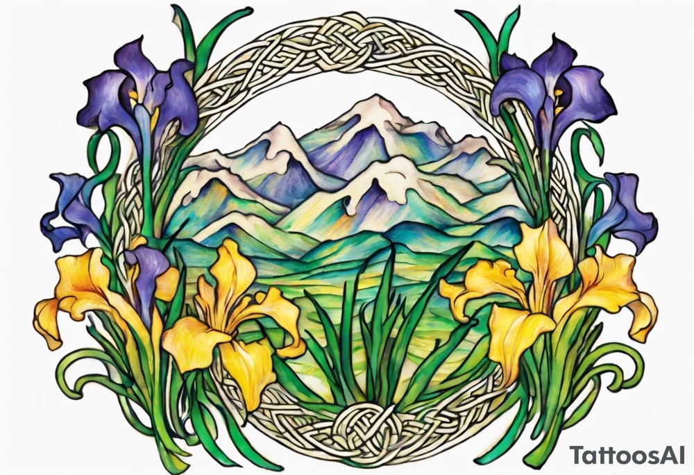 Create a small, colorful Vincent van Gogh Irises tattoo in the form of a crescent, with vines in Celtic knot style gracefully intertwining at a central point in the middle of the wreath. The intended placement is on the upper chest. The middle needs mountains. The overall design should be small in size while maintaining a delicate and artistic aesthetic. Pay attention to the graceful flow of the vines and the placement of the irises to achieve a refined and elegant look. tattoo idea