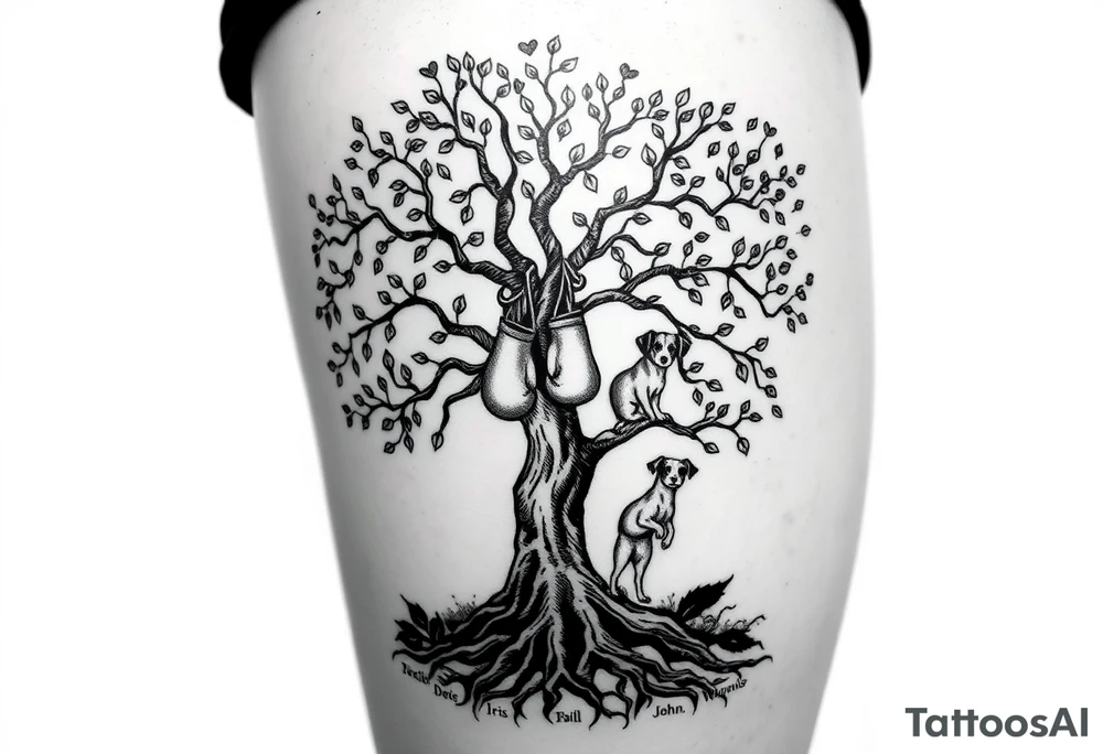 Hippy beech tree full of life. 
Jamie, Derek, Iris, John, bill, Winnie names in the roots, Mavis, Garhi, Mickey, Pam, Lucy, in the branches at the top. Names can be in Hebrew. 
Three dogs a Rhodesian Ridgeback, King Charles cavalier and chihuahua. 
Prett, feminine ornate. Boxing gloves hanging from tree tattoo idea