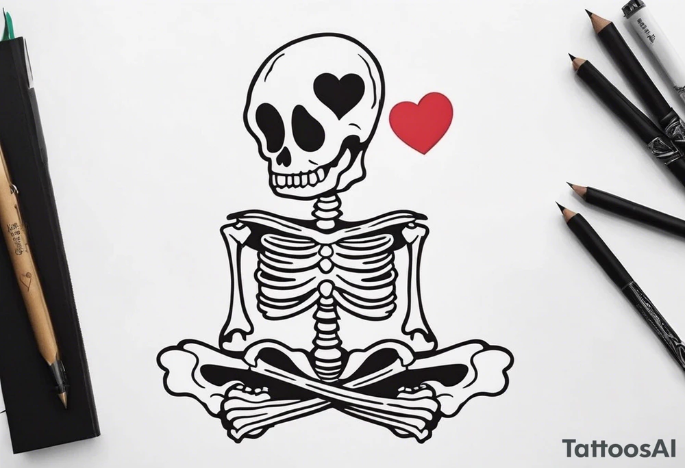 One skeleton with eyes in the shape of hearts, one skeleton sitting tattoo idea