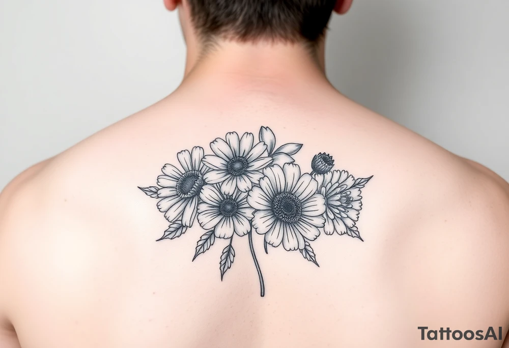 Simple line tattoo of flower bouquet in order of these flowers, daisy, cosmo, poppy, chrysanthemum, cosmo tattoo idea