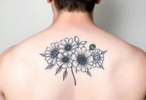Simple line tattoo of flower bouquet in order of these flowers, daisy, cosmo, poppy, chrysanthemum, cosmo tattoo idea