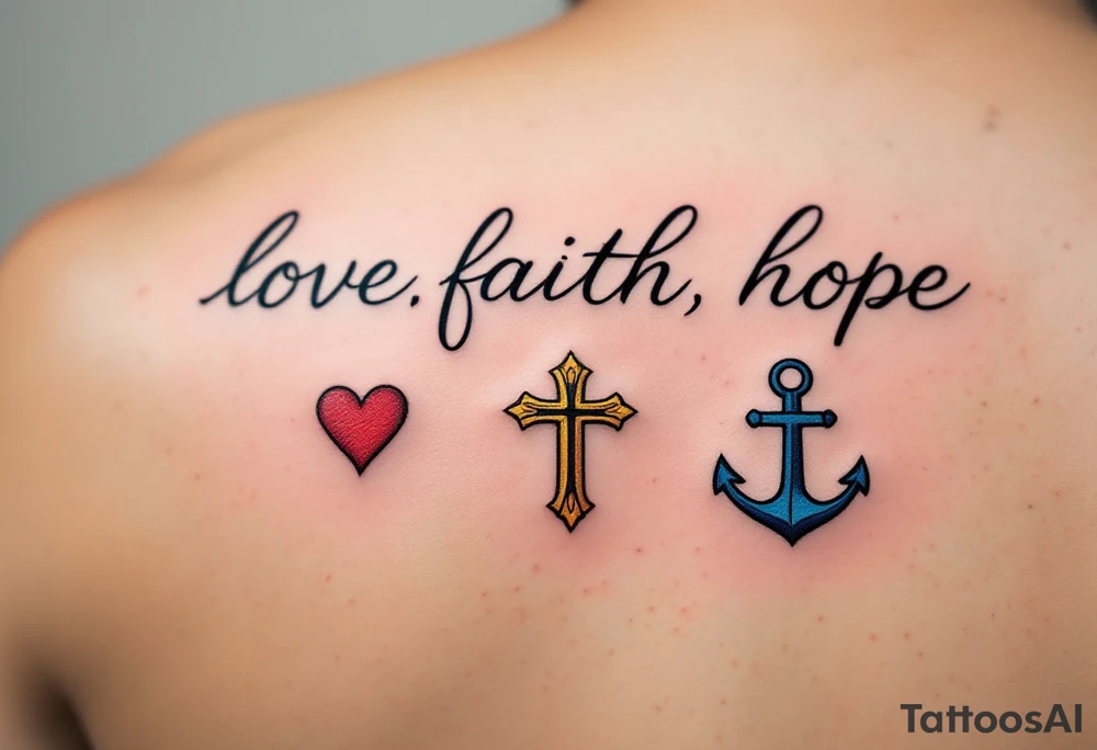 Fine-line black cursive love faith hope sitting above three matching symbols: a crimson heart, golden cross, and deep blue anchor. tattoo idea