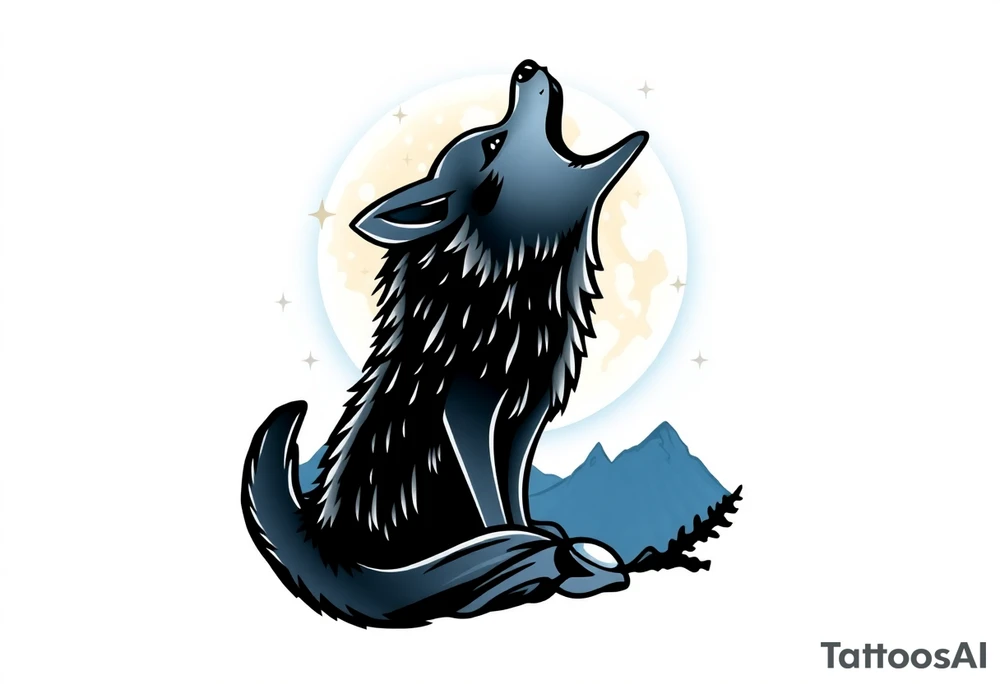 lone wolf howling at full moon with northern lights back drop 66⁶6⁶6 tattoo idea