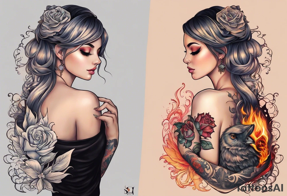 In thiele sfumato. A girl with an empty heart and a guy with a burning heart. They stand back to back tattoo idea
