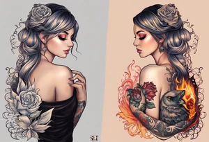 In thiele sfumato. A girl with an empty heart and a guy with a burning heart. They stand back to back tattoo idea