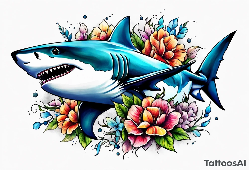 shark with flowers tattoo idea