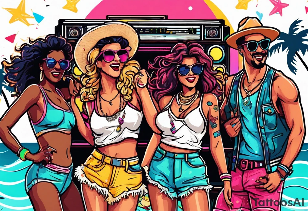 1980's style dance party with boom box and confetti in a beach theme. include people in 80's miami beach clothes, music note. tattoo idea
