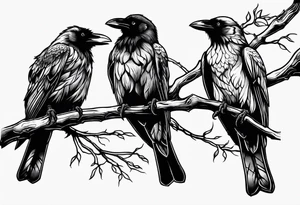The words Why so serious? With 3 small ravens on a branch tattoo idea
