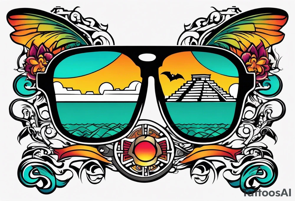 Colorful Mayan hieroglyph with sunglasses reflecting Chichen itza. Bats and waves tattoo idea