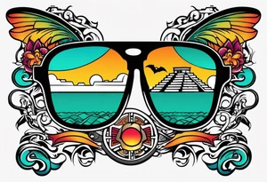 Colorful Mayan hieroglyph with sunglasses reflecting Chichen itza. Bats and waves tattoo idea
