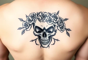 ornate skull adorned with crown of wild roses and thorns tattoo idea