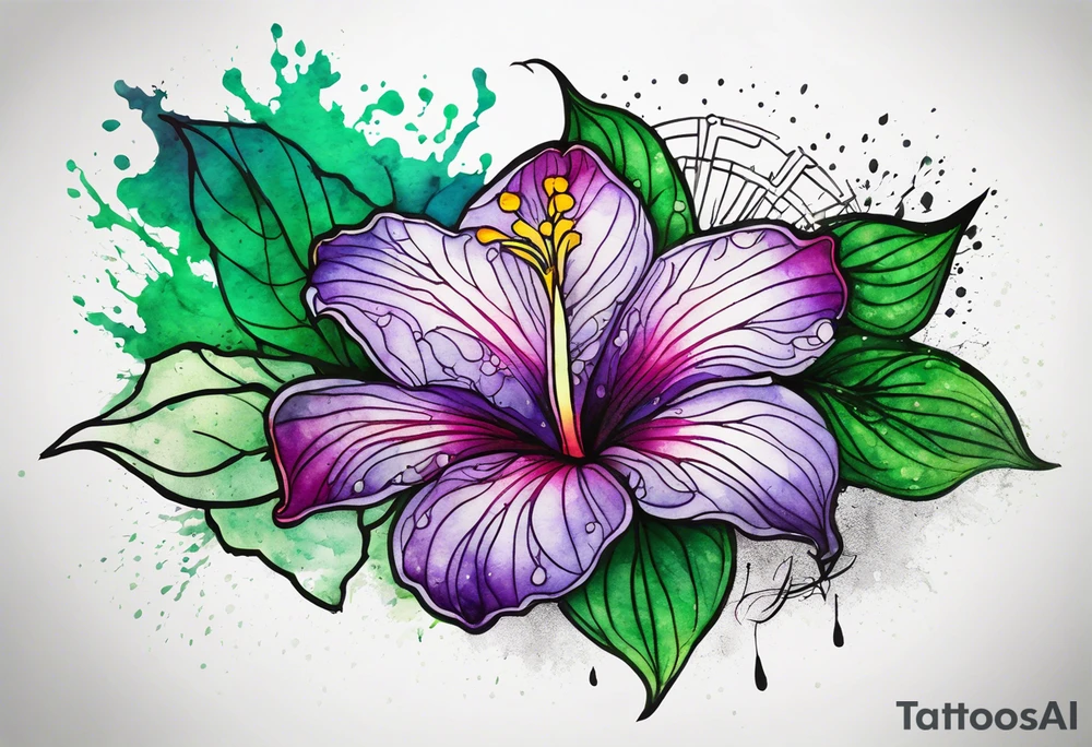 A mystical outline of a rio dipladenia flower and a green/purple watercolor splatter in the background tattoo idea
