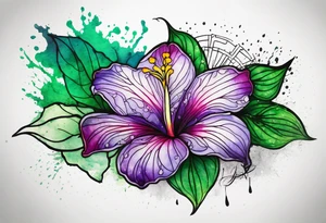A mystical outline of a rio dipladenia flower and a green/purple watercolor splatter in the background tattoo idea