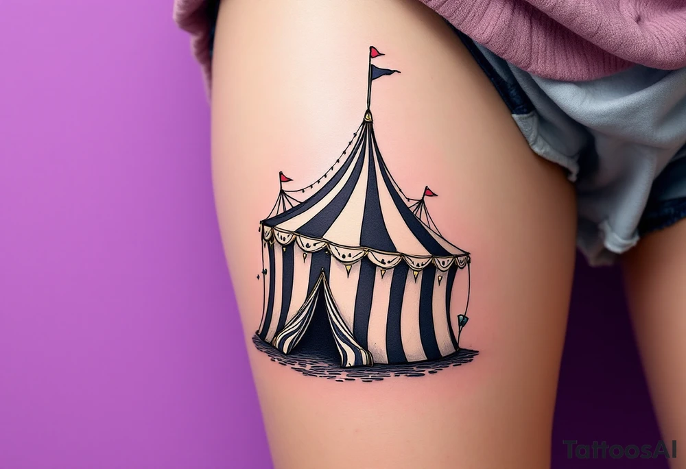 Tim Burton’s circus tent tilts under a violet sky, its black-and-white stripes dripping into the ground. tattoo idea