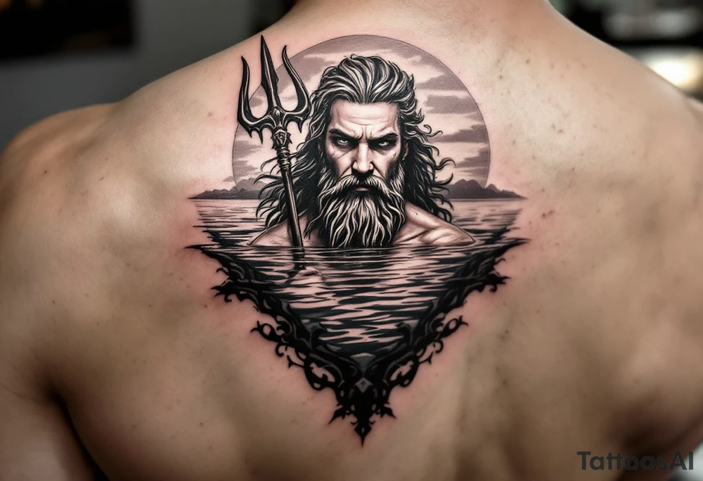 Poseidon half way under calm water with trident at sunset tattoo idea