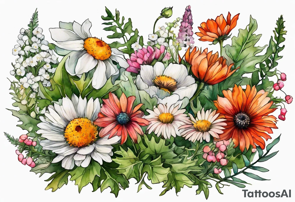 wildflowers with thistles, ferns, white anemones, sun flowers, orange flowers, green flowers, pink flowers, red flowers, babys breath and daisies all in watercolor tattoo idea
