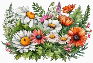 wildflowers with thistles, ferns, white anemones, sun flowers, orange flowers, green flowers, pink flowers, red flowers, babys breath and daisies all in watercolor tattoo idea