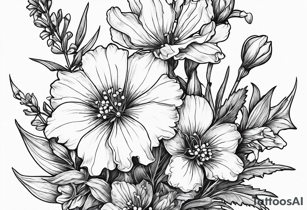 Small, simple sketched bouquet of larkspur, stemmed carnation, stemmed violet, stemmed daisy  bouquet tattoo idea