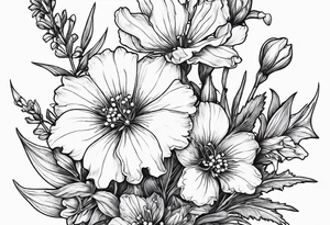 Small, simple sketched bouquet of larkspur, stemmed carnation, stemmed violet, stemmed daisy  bouquet tattoo idea