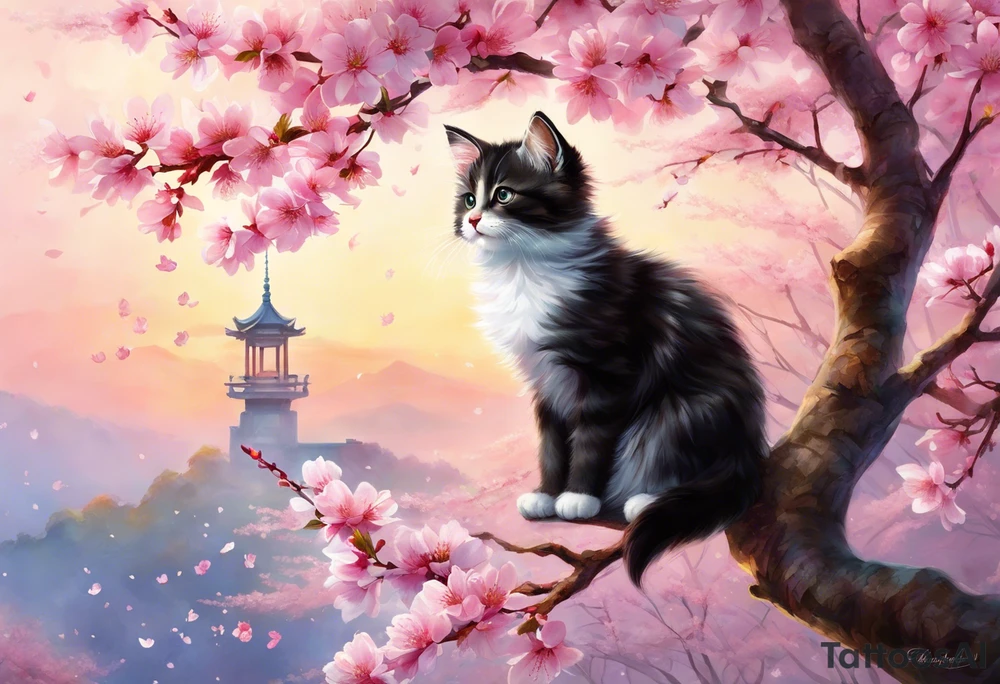 Generate a design where a graceful pink cherry blossom tree extends vertically, occupying the full height of 15cm, with delicate blossoms scattered along its slender branches coloured with a watercolor effect. Nestled among the branches, a small, playful kitten is perched, gazing curiously outward. The kitten's fur can have intricate details, highlighting its softness and playfulness. Surrounding the kitten and the tree, some petals could be gently falling, adding a dynamic and serene feel to the design. This vertical composition would elegantly fit your biceps, creating a charming and feminine piece of art. tattoo idea