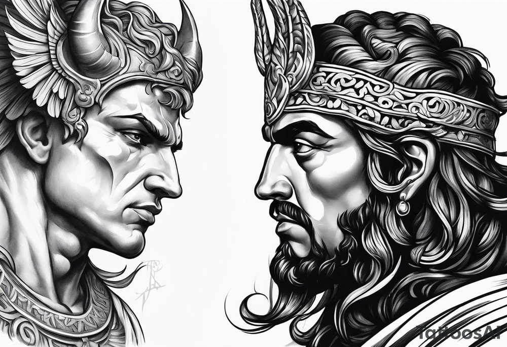 Greek devil and greek angel tattoo idea