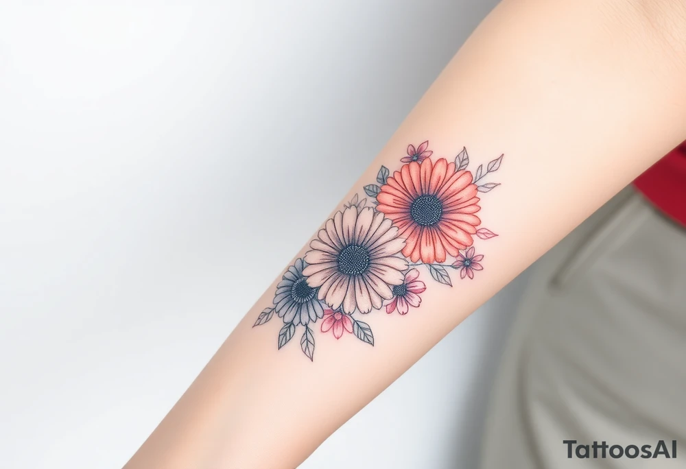 Fine line flower bouquet tattoo with 3 gerbera daisies and other flowers and infinity symbol worked in as part of the design tattoo idea