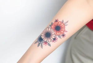 Fine line flower bouquet tattoo with 3 gerbera daisies and other flowers and infinity symbol worked in as part of the design tattoo idea