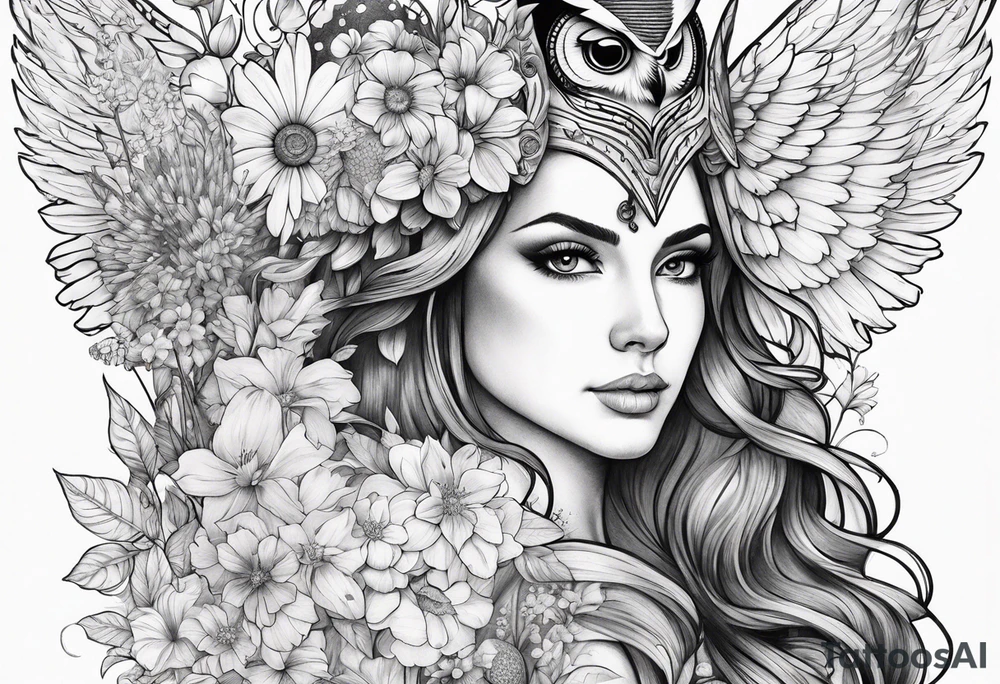 Owl and wildflowers and unicorn and warrior princess half sleeve tattoo idea