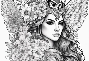 Owl and wildflowers and unicorn and warrior princess half sleeve tattoo idea