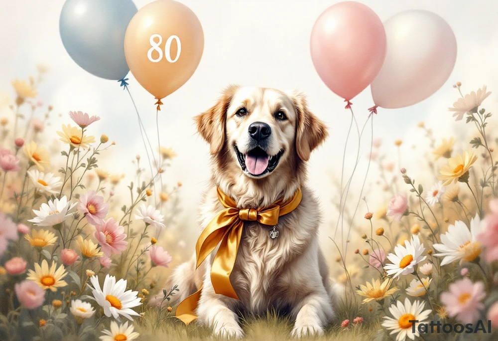 Imagine a golden retriever sitting in the middle of a blooming meadow, surrounded by soft sunlight and pastel-colored flowers. The dog has a large golden ribbon tied around its neck and cheerful balloons floating beside it, with the number "80" clearly displayed. Its expression is joyful and full of warmth. Above the scene, in elegant handwriting, a message reads:
“The entire Albi team warmly congratulates you on your life’s milestone!”
The overall style is soft, watercolor-inspired, perfect for a heartfelt greeting card filled with gentleness and gratitude. tattoo idea