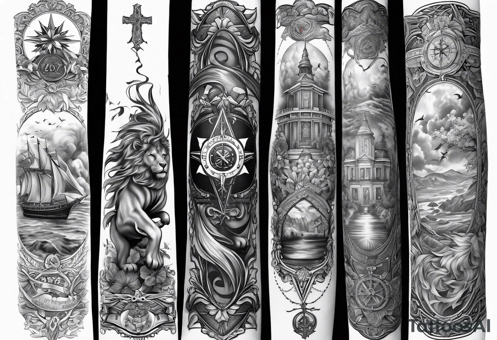 Arm sleeve with PTSD ribbon, compass, cross and lion tattoo idea