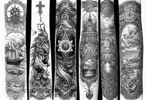Arm sleeve with PTSD ribbon, compass, cross and lion tattoo idea